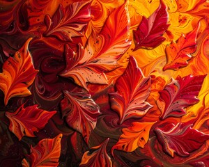 Abstract painting with red and orange leaves.