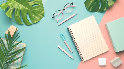Flat lay of an open notebook, pens, eyeglasses, and leaves on pastel background. Ideal for workspace, productivity, and creativity themes.