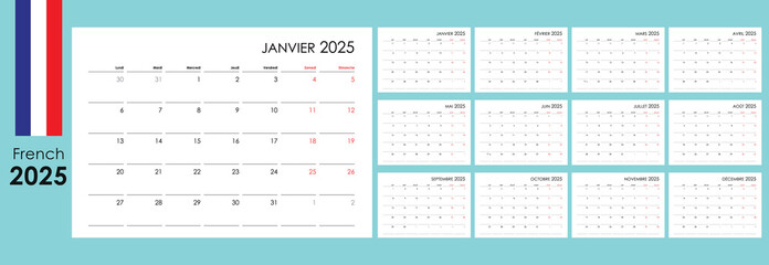 Calendar 2025 in French. Simple annual planner, 12 cards for whole year with copy space