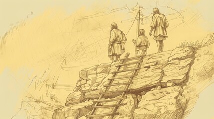 Genesis 28 Biblical Illustration: Jacob's Ladder Dream, Angels, God's Promise, Bethel - Beige Background with Copyspace for Inspirational Use