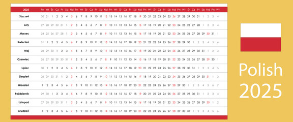 Calendar for 2025, linear panoramic planner in Polish, one page