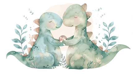 Mother and baby dinosaur hugging, cute watercolor illustration