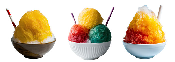 Colorful Rainbow Hawaiian Shaved ice in the bowl with straw, homemade summer sweet fruit flavored treat, isolated PNG, transparent cutout
