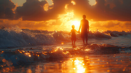 Father and son fishing in ocean surf at sunset,generative ai