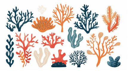 Watercolor drawings of various sea plants and corals reef