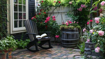 Black plastic Adirondack rocking chair with an open book on the seat, set against white wood trellis walls adorned with lush green plants and flowers, in front of a beautiful house with brick paver fl