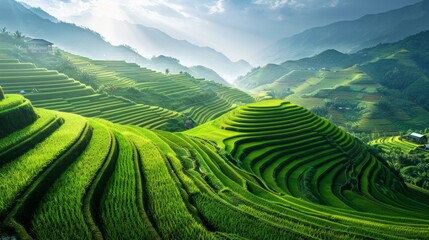 Fototapeta premium Beautiful terraced rice field landscape with layers of vibrant green paddies, creating a serene and picturesque scene