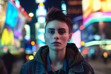 A young adult with a short spiked haircut and sharp features, wearing a denim jacket over a hoodie, stands in a vibrant cityscape filled with colorful neon lights, giving a modern, urban feel