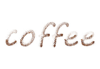 The word coffee is written with scattered powder. Text made from coffee or chocolate powder flying dust particles on white background. Crushed granules of sand or brown cane sugar, vector illustration