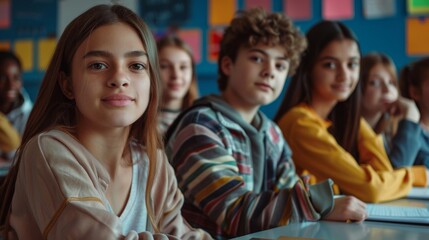 Obraz premium Group of happy students in classroom, representing learning and friendship