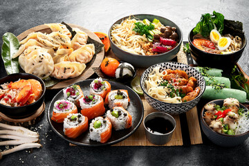 Chinese cuisine dishes on table. Asian food concept.