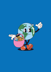 Sustainable earth illustration. renewable energy. Earth Day Vector about climate change. Blue background. Clouds. Recycled bag