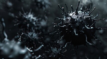 A 3D vector illustration of a disease-causing virus, shown in dark tones