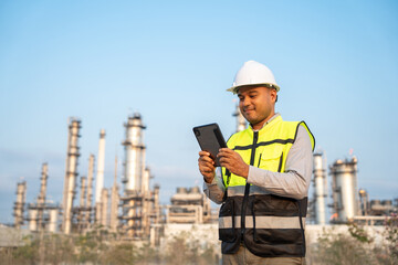 Asian engineer man with safety helmet standing front of oil refinery. Industry zone gas petrochemical. Factory oil storage tank and pipeline. Workers work in the refinery construction building