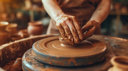 Detailed imagery of potter's hands covered with clay, creating a pot on a pottery wheel in an artistic workshop