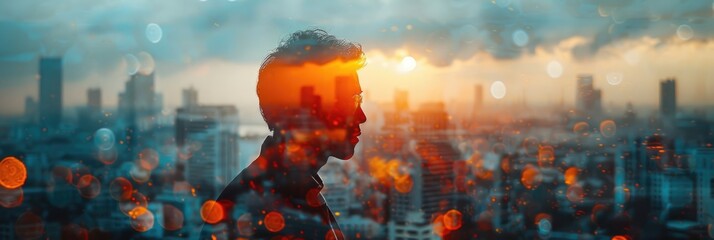 A surreal double-exposure image blending a man's silhouette with a dramatic cityscape sunset, capturing urban life and contemplation.