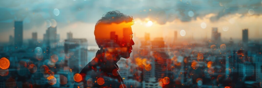A surreal double-exposure image blending a man's silhouette with a dramatic cityscape sunset, capturing urban life and contemplation.