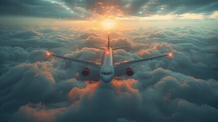 Airplane flying above clouds during a stunning sunset, capturing a breathtaking view of the sky and the horizon.