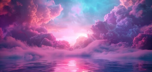 Dreamy landscape with pink clouds and a reflecting water surface.