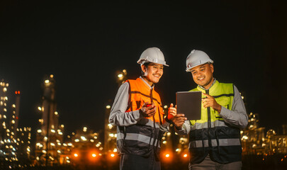 Obraz premium Two Asian engineer man with safety helmet standing front of oil refinery. Industry zone gas petrochemical. Factory oil storage tank and pipeline. Workers work in the refinery construction building