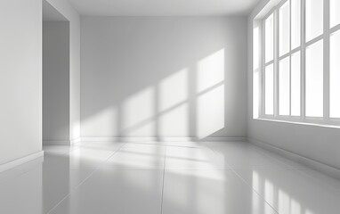 Empty white room with large window, sunlight streams through, casting shadows on the floor. Minimalist interior design.