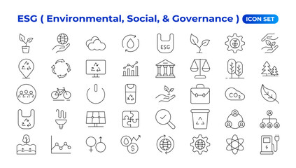 ESG icon set,Environmental, Social, and Governance line icon. ESG outline icons with editable stroke collection. Includes Sustainability, Solar Panel, Recycling, Green City, vector illuatration.