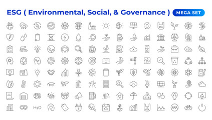 ESG icon set,Environmental, Social, and Governance line icon. ESG outline icons with editable stroke collection. Includes Sustainability, Solar Panel, Recycling, Green City, vector illuatration.