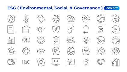ESG icon set,Environmental, Social, and Governance line icon. ESG outline icons with editable stroke collection. Includes Sustainability, Solar Panel, Recycling, Green City, vector illuatration.