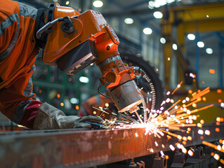 Close Up, An engineer oversees and controls robotic welding arms in an automated factory settin
