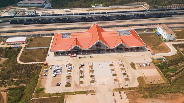 Aerial shot of the Laos central train station on the Road and Belt Initiative