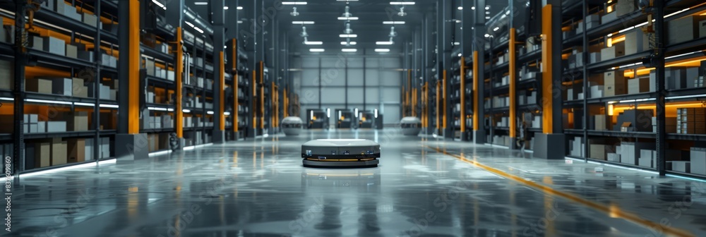 Poster the futuristic warehouse with automated storage and retrieval systems efficiently sorting goods and 
