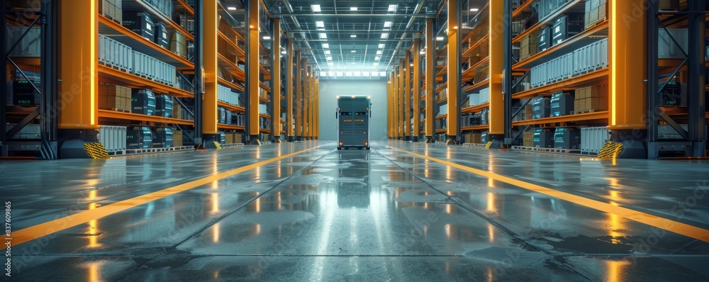 Poster the futuristic warehouse with automated storage and retrieval systems efficiently sorting goods and 