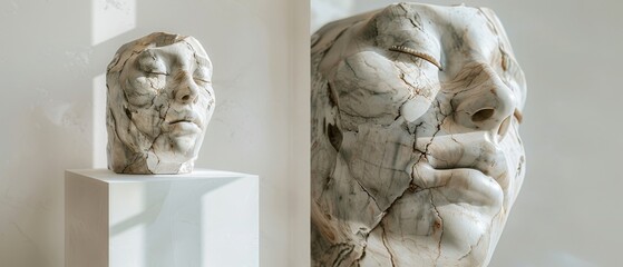 Artistic marble sculpture of a human face with expressive details, displayed on a pedestal in a minimalist gallery setting.