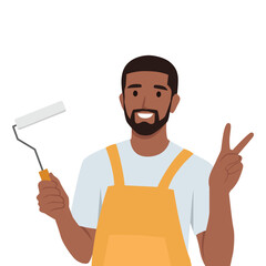 Young man professional wall painter, he is dressed in working clothes and giving peace sign. Flat vector illustration isolated on white background