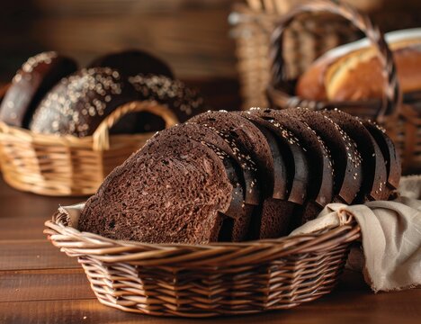 Wicker basket filled with sliced pumpernickel bread, depicting homely and rustic scenes