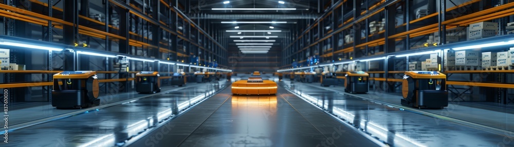 Poster the futuristic warehouse with automated storage and retrieval systems efficiently sorting goods and 