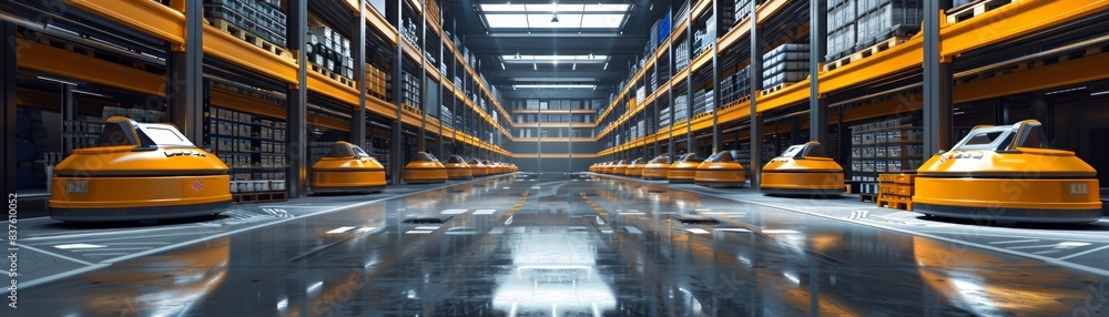 Poster the futuristic warehouse with automated storage and retrieval systems efficiently sorting goods and 