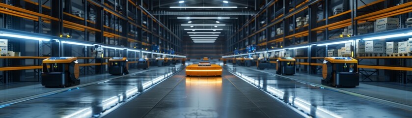 Obraz premium The futuristic warehouse with automated storage and retrieval systems efficiently sorting goods and robots.