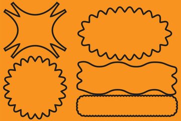 Scallop edge shapes - circle, square, oval, modern brutalism forms. Retro vawe swiss design elements with frill border. Vector illustration of aesthetic futuristic figures