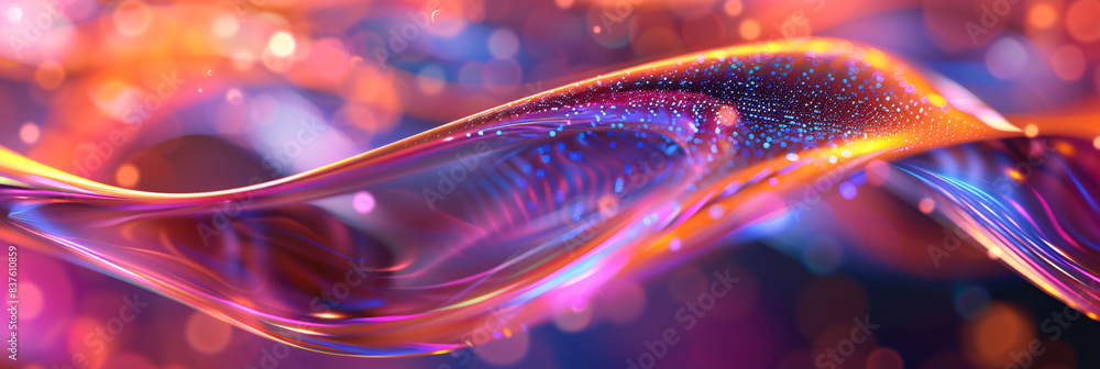 Poster abstract background with colorful neon glowing waves and blurred bokeh lights, colorful abstract 3d 