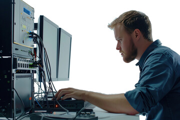 IT Specialist Configuring Network Security System Isolated on Transparent Background