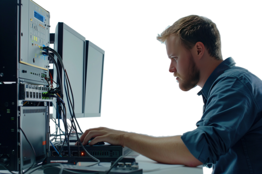 IT Specialist Configuring Network Security System Isolated on Transparent Background