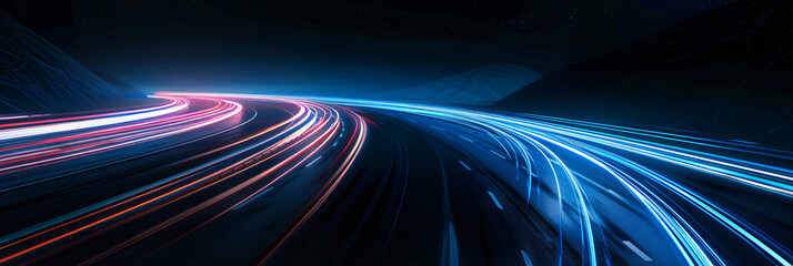 Highway road with blue glowing light trails on dark background, depicting speed motion. Abstract futuristic technology wallpaper