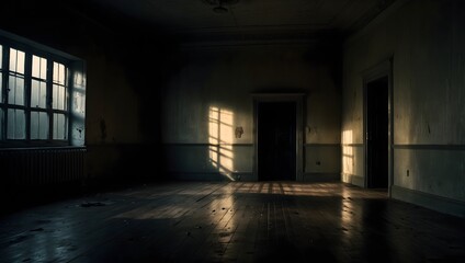 The chilling ambiance of an empty, frightening room cloaked in darkness, where every creak and groan seems to echo with unseen menace ai_generated