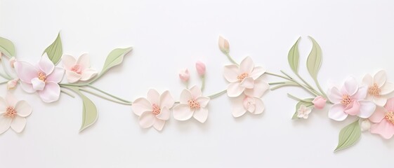 Delicate pastel flowers and green leaves arranged on a white background, ideal for spring decoration and floral themes.