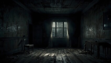 The chilling ambiance of an empty, frightening room cloaked in darkness, where every creak and groan seems to echo with unseen menace ai_generated