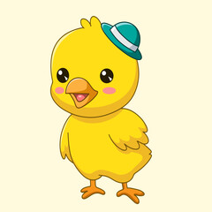 Cute chick cartoon wearing a green hat