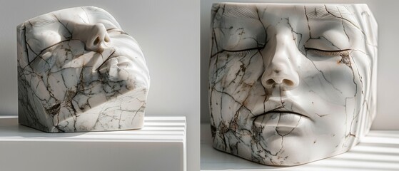 Close-up of a marble sculpture depicting a serene face with intricate cracks, showcased in natural light on a white background.