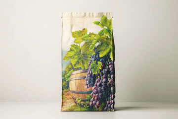 a perfectly sealed coffee bag, Grape field garden with Rum barrel printed on a bag , white studio background, 