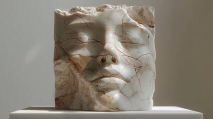 Marble sculpture of a serene face, showcasing fine craftsmanship and detailed artistry, displayed under soft lighting.